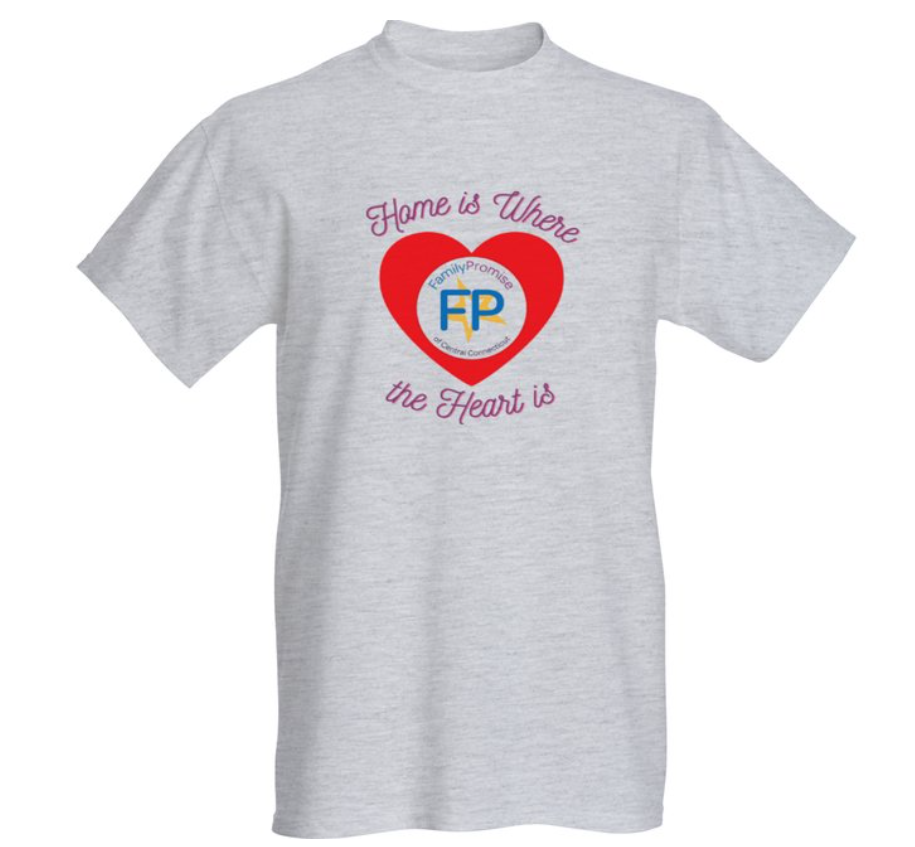Grey shirt with red heart and Family Promise of Central CT logo surrounded by the phrase "Home is Where the Heart is"